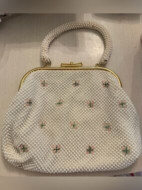 Vintage Beaded Reversible Frame Handbag Pink Floral Embroidery White Gold Kitsch
